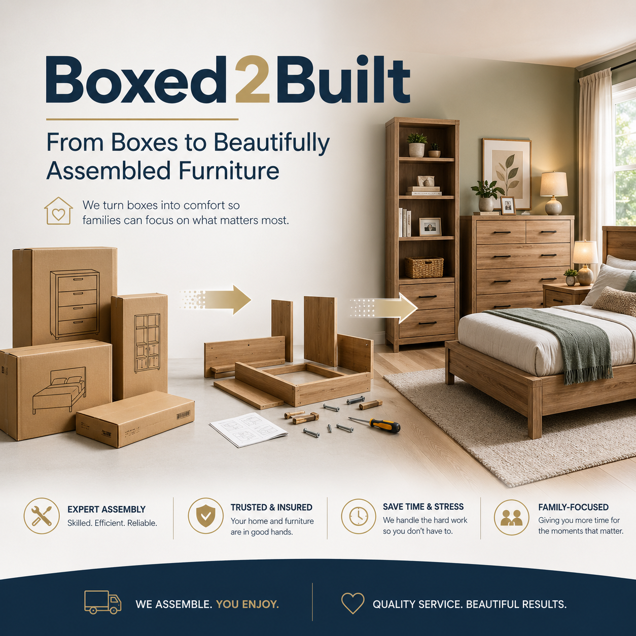 Professional bedroom furniture assembly - dresser, bed frame, and nightstand built by Boxed2Built