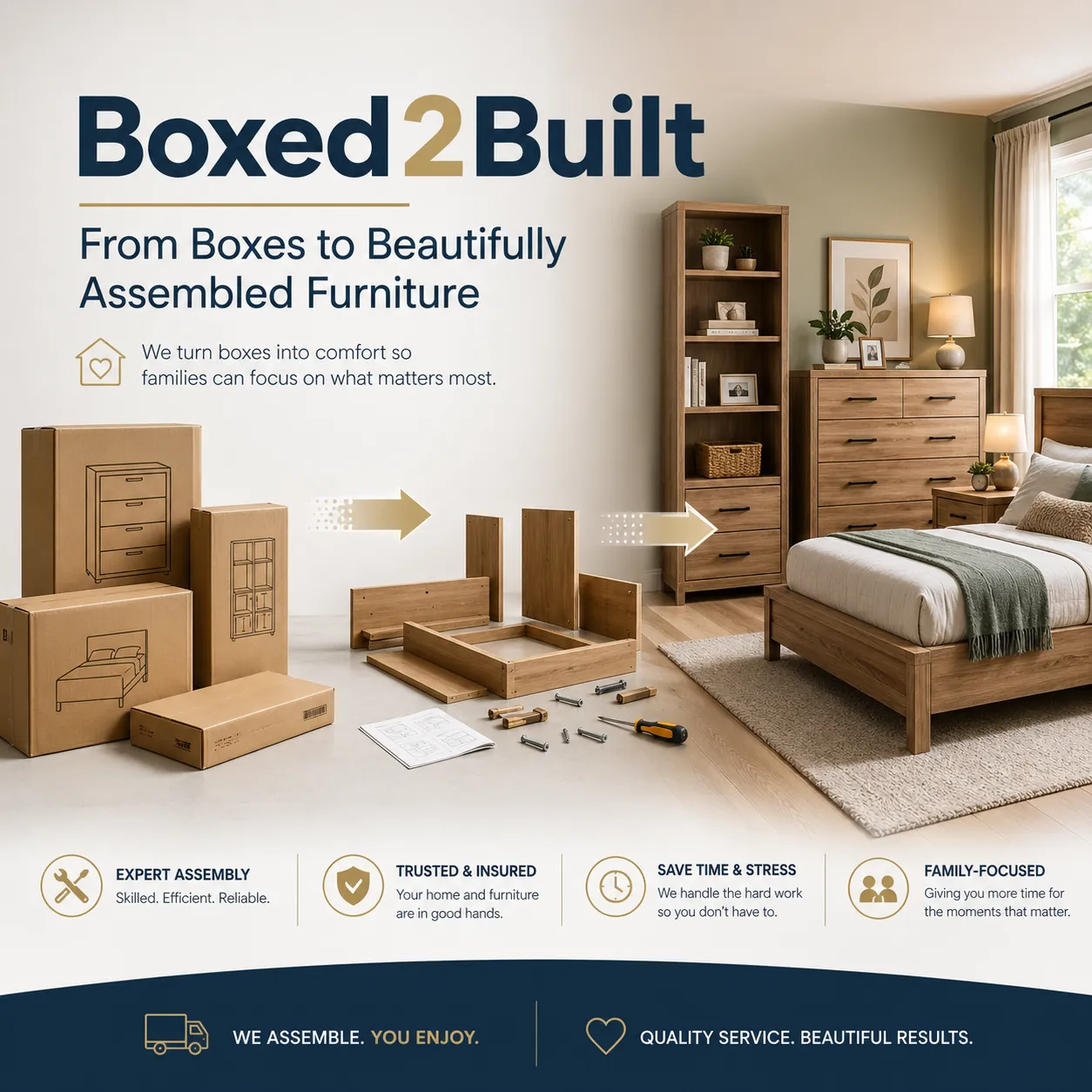 Professional bedroom furniture assembly - dresser, bed frame, and nightstand built by Boxed2Built