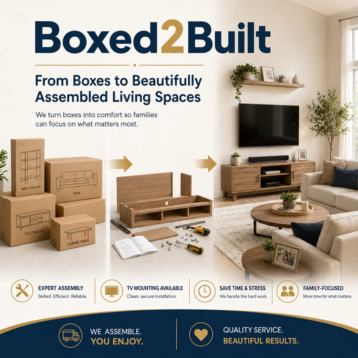 Professional living room furniture assembly by Boxed2Built in Spring Hill, TN