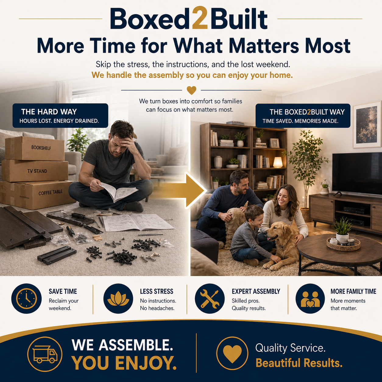 Family enjoying time together while Boxed2Built handles furniture assembly